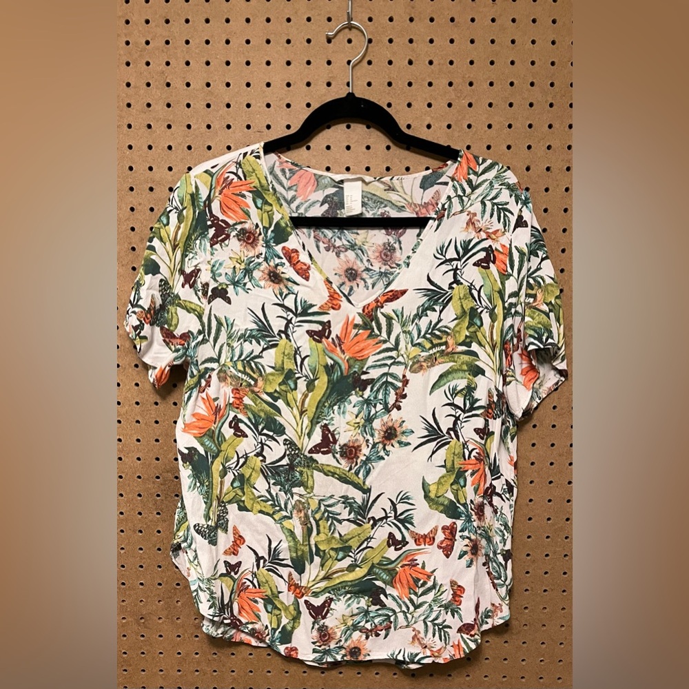 H&M Boho Floral Blouse Tee Sunflowers Butterflies M
